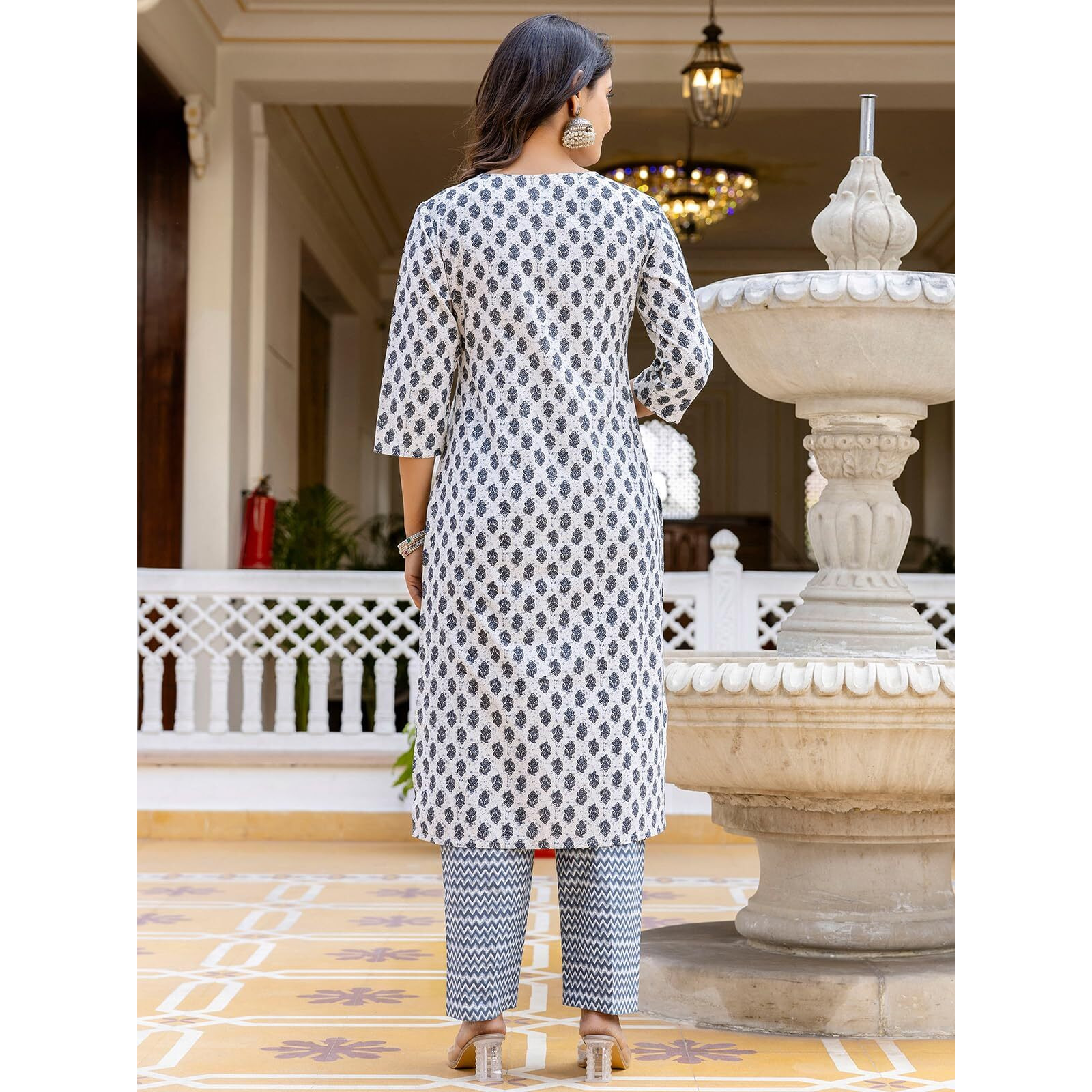 Sanisa Women's Cotton Printed & Lace Straight Kurta With Pant And Dupatta Set (268Kbd2811N-Xxl_Grey & White)