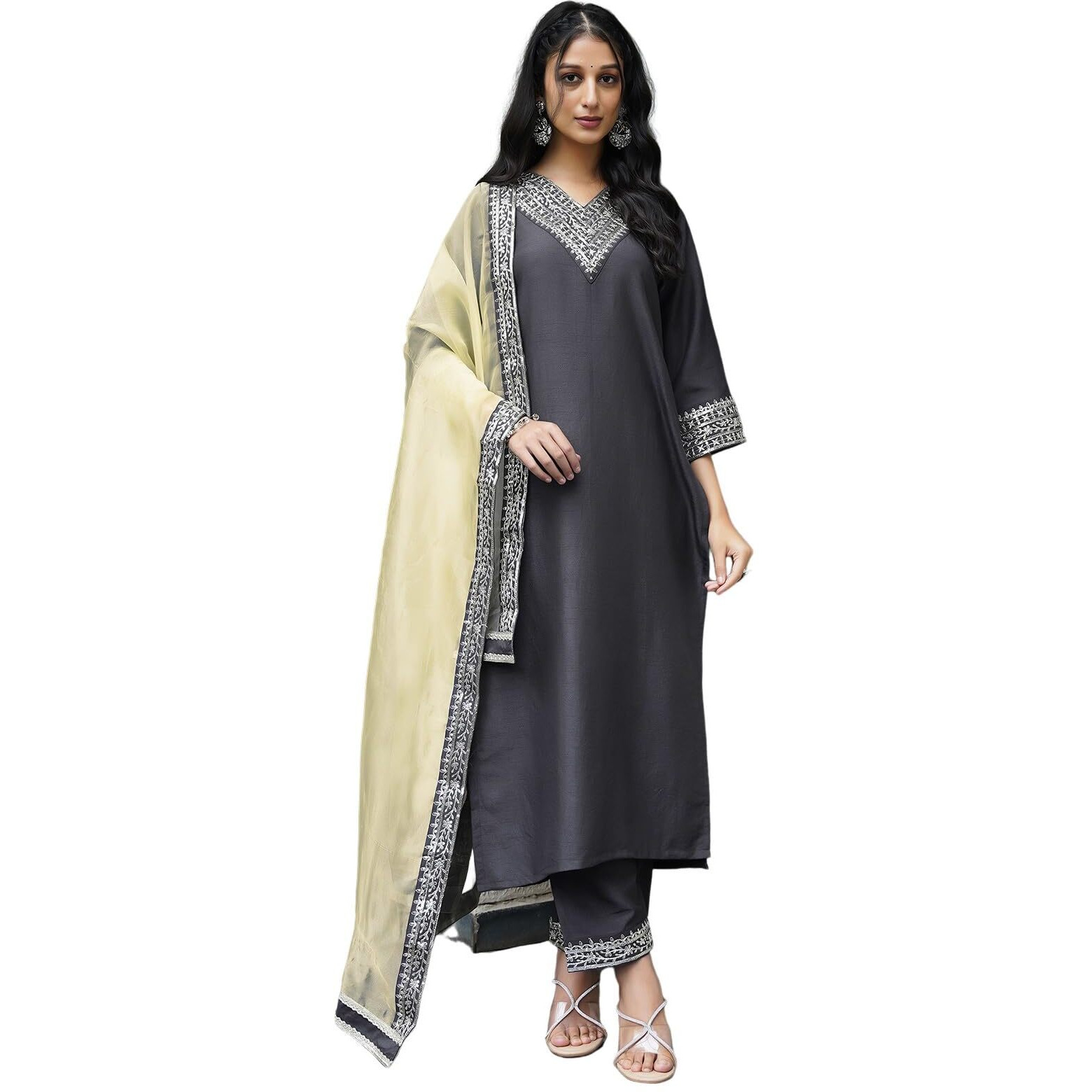 Sanisa Women's Silk Sequence And Embroidery Work Lace Straight Kurta With Pant And Dupatta Set (104Kbd1139Nb-L_Grey)