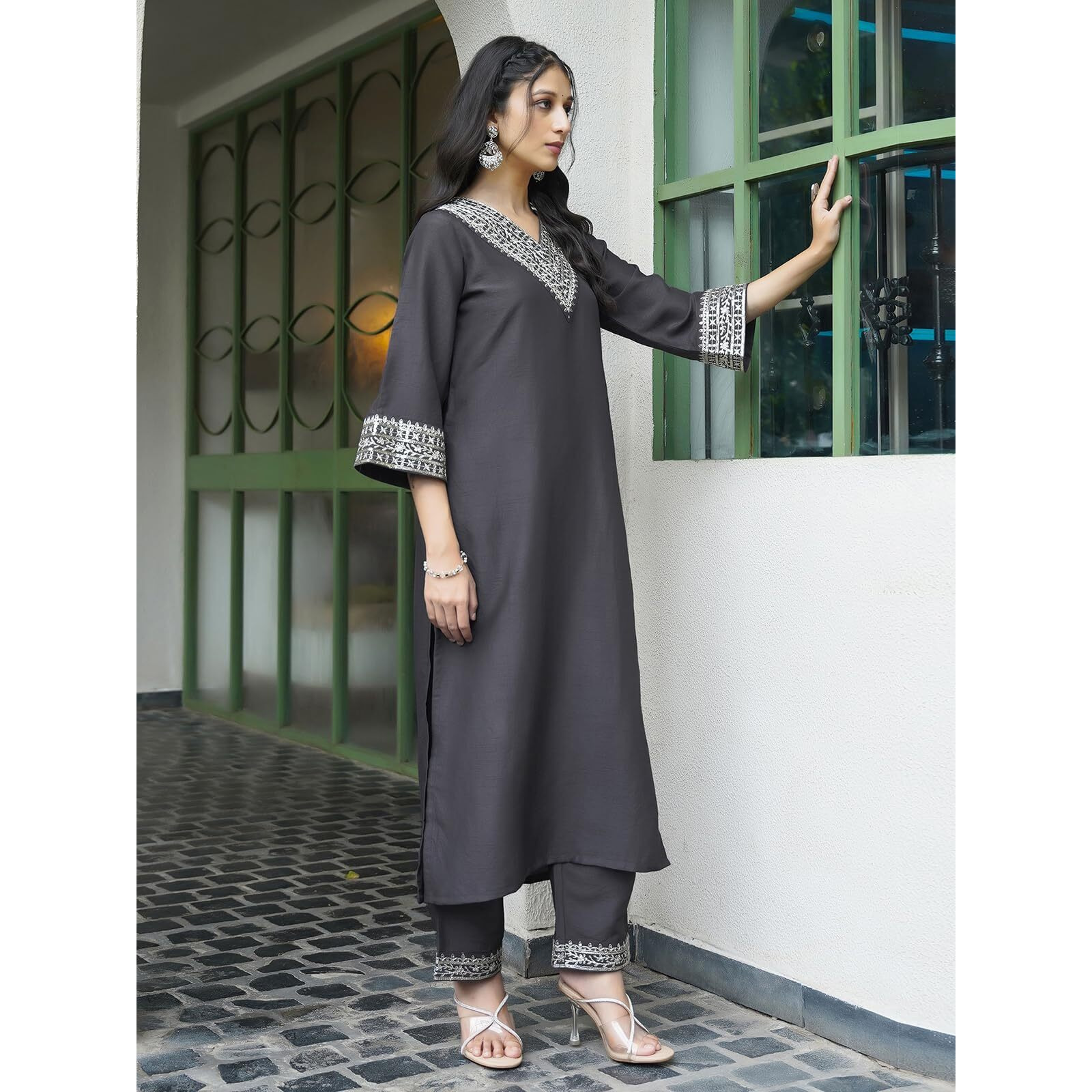 Sanisa Women's Silk Sequence And Embroidery Work Lace Straight Kurta With Pant And Dupatta Set (104Kbd1139Nb-L_Grey)