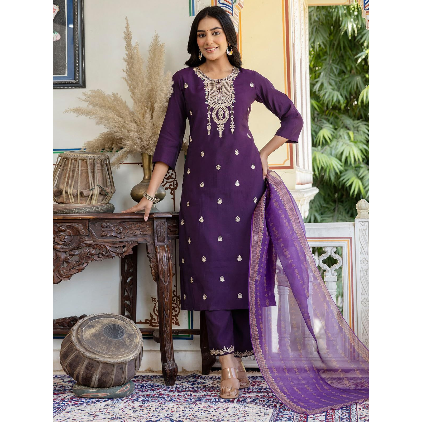 Sanisa Women's Silk Embroidery And Sequins Work Straight Kurta With Pant And Dupatta Set (240Kbd2532N-Xxl_Dark Purple)