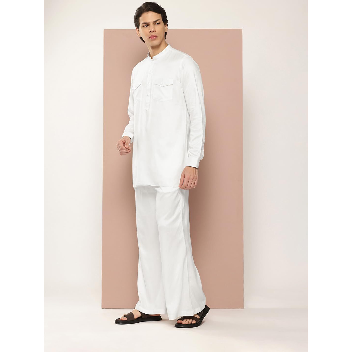 See Designs Men's Long Sleeve Curved Hem Mandarin Collar White Rayon Solid Pathani Sets - Sdkt655Xxl