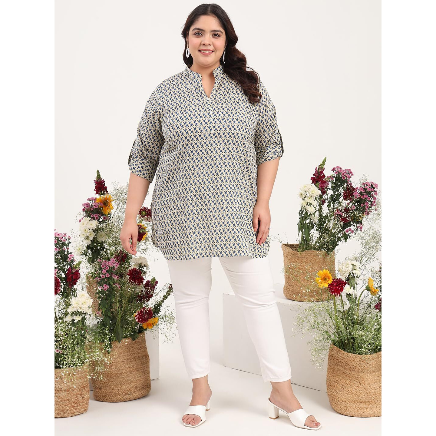 Tissu Women's Plus Size Floral Printed Pure Cotton Foldup Sleeves Kurti (2293_Beige_4Xl)