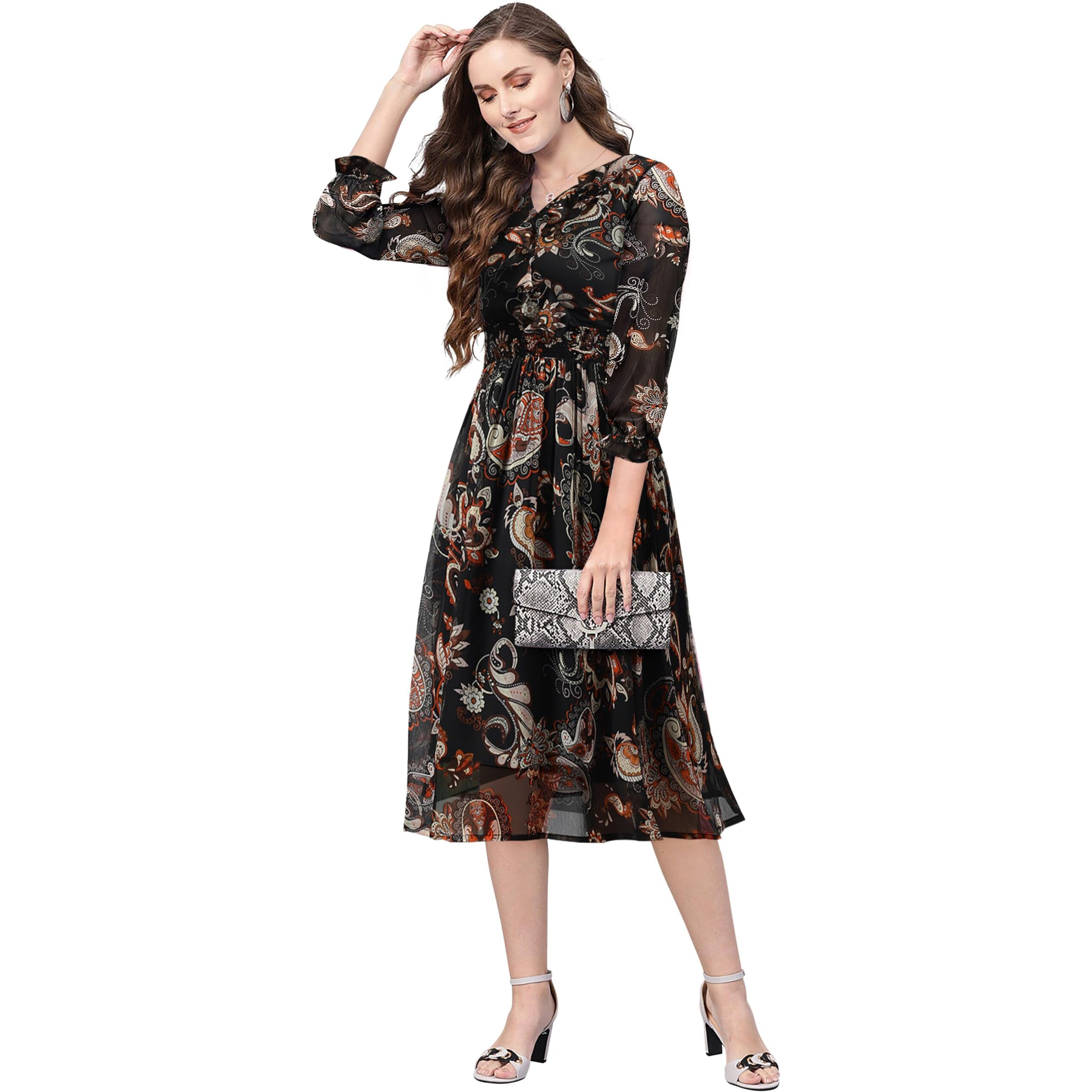 Toochki Women's Georgette Fit And Flare Mid-Thigh Length Dress (Toochki177-Dr_Black