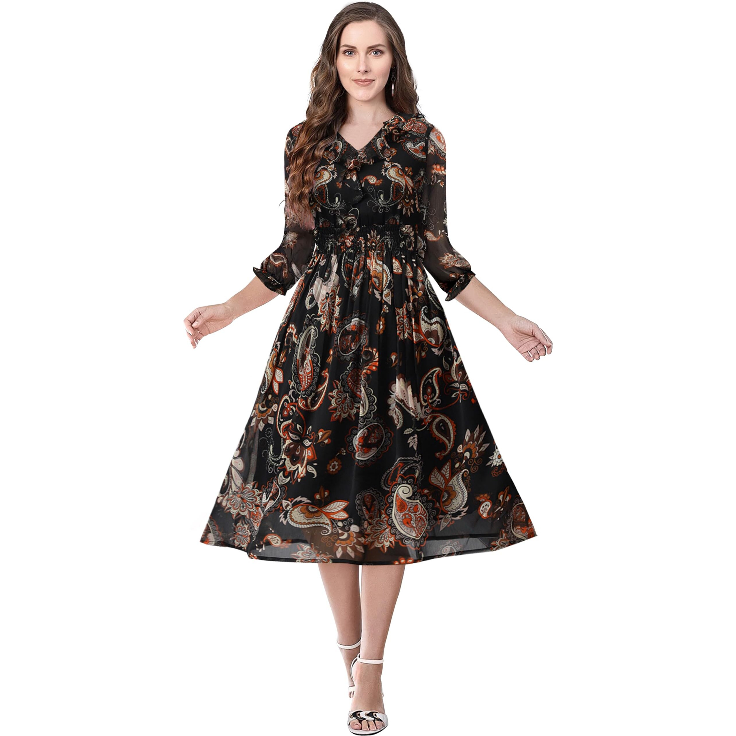 Toochki Women's Georgette Fit And Flare Mid-Thigh Length Dress (Toochki177-Dr_Black