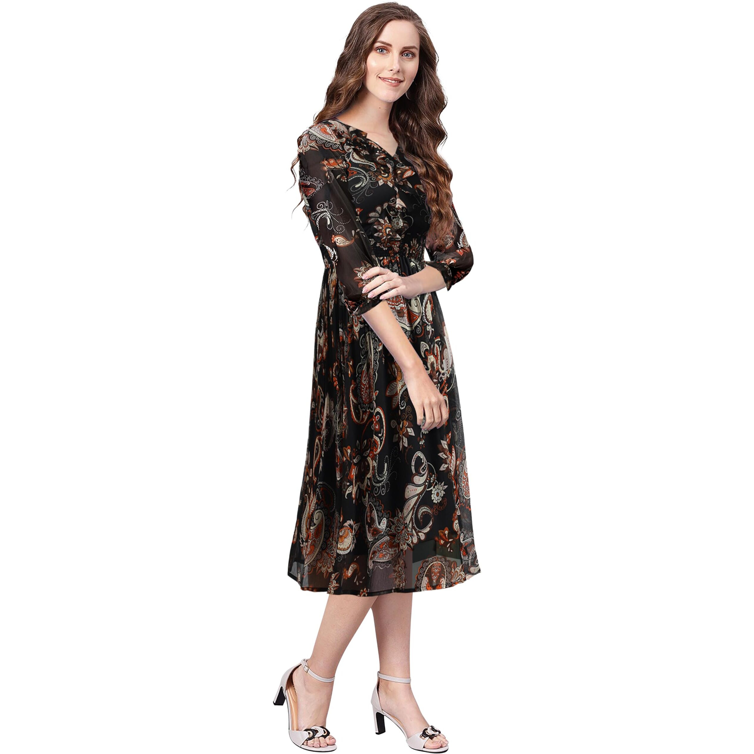 Toochki Women's Georgette Fit And Flare Mid-Thigh Length Dress (Toochki177-Dr_Black