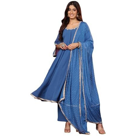 Varanga Round Neck Embroidered Anarkali With Tonal Bottom And Dupatta.