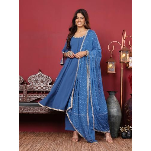 Varanga Round Neck Embroidered Anarkali With Tonal Bottom And Dupatta.