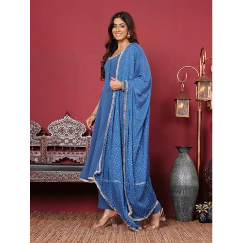 Varanga Round Neck Embroidered Anarkali With Tonal Bottom And Dupatta.