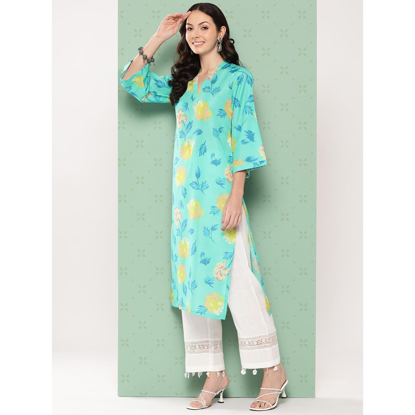 Varanga Women Turqouise Blue Floral Printed Straight Kurta Withthree Quarter Bell Sleeves