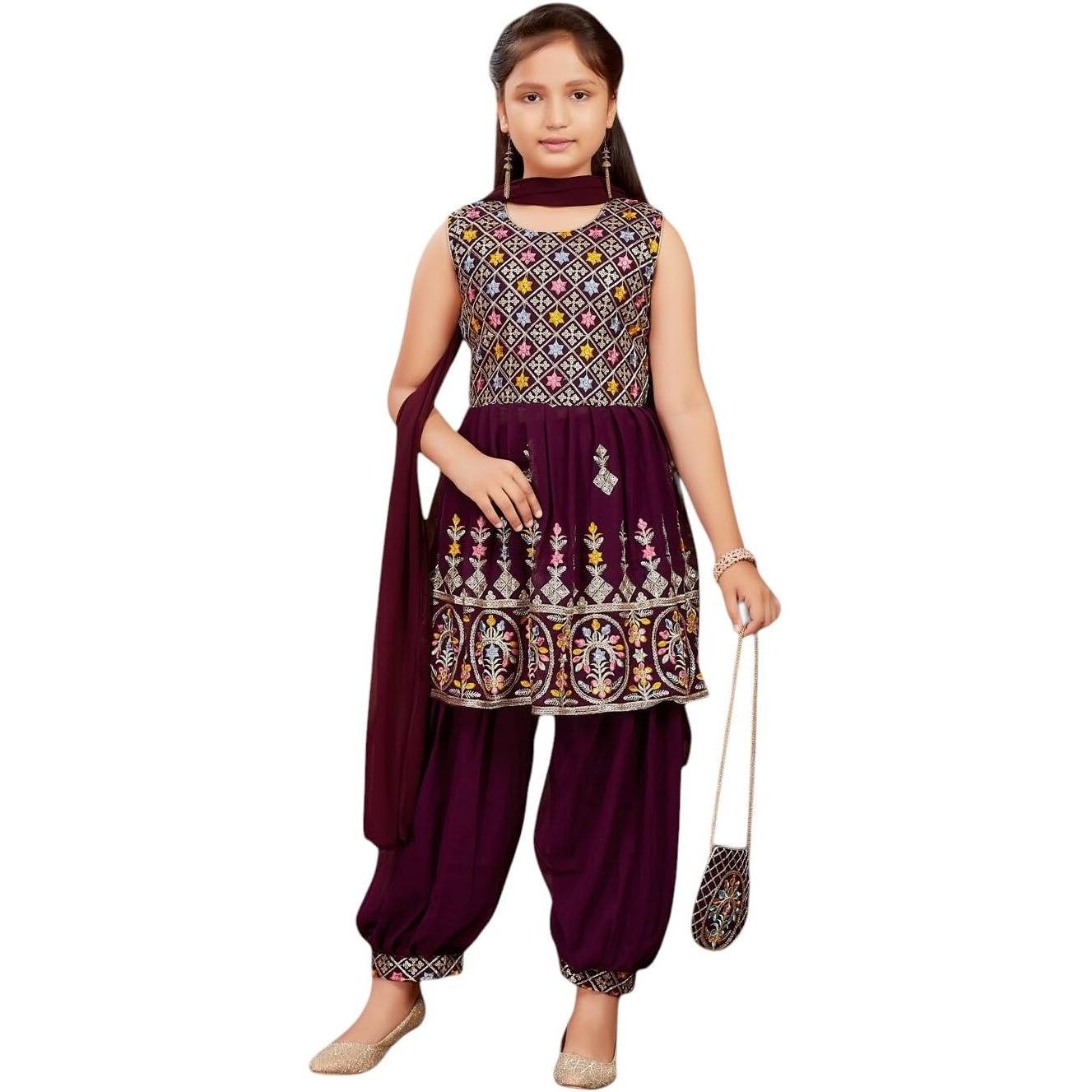 Aarika Girls Ethnic Wear Purple Colour Thread Sequin Embroidery Georgette Kurti Patiala Set With Sling Bag-(9-10 Years-12-13 Years)-(Pt-18025-Purple-38)