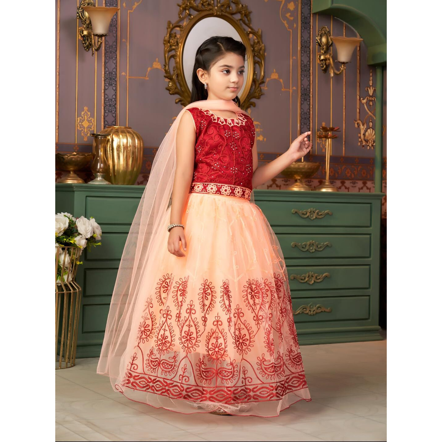 Aarika Girls Ethnic Wear Maroon-Peach Colour Thread Embroidery Net Lehenga Choli Set With Dupatta-3-9 Years (Lch-Shm-1527)