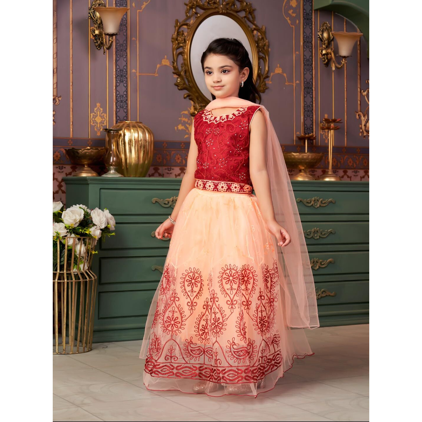 Aarika Girls Ethnic Wear Maroon-Peach Colour Thread Embroidery Net Lehenga Choli Set With Dupatta-3-9 Years (Lch-Shm-1527)