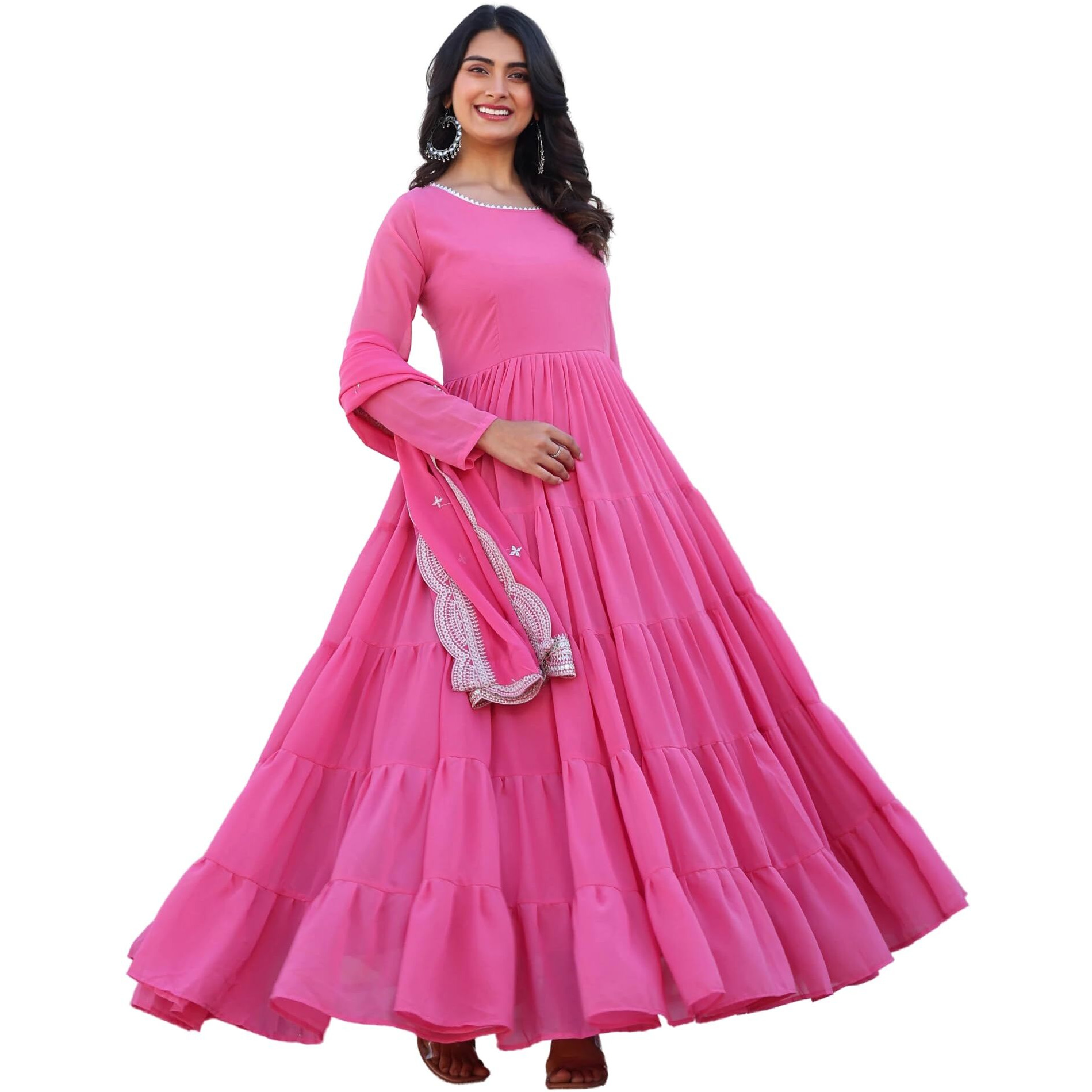 Fashion Basket Women's Georgette Solid Anarkali Dress Light Pink