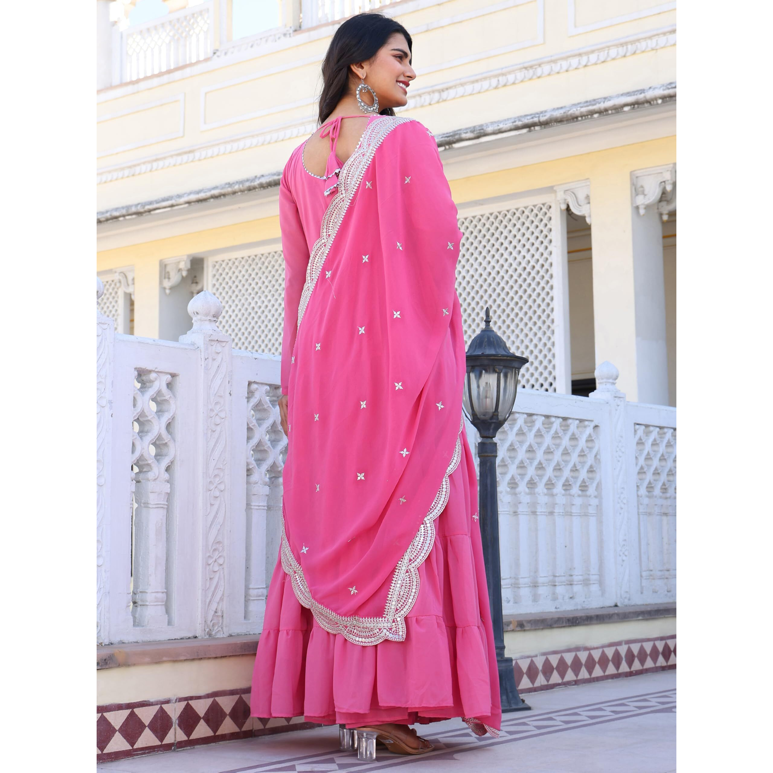 Fashion Basket Women's Georgette Solid Anarkali Dress Light Pink