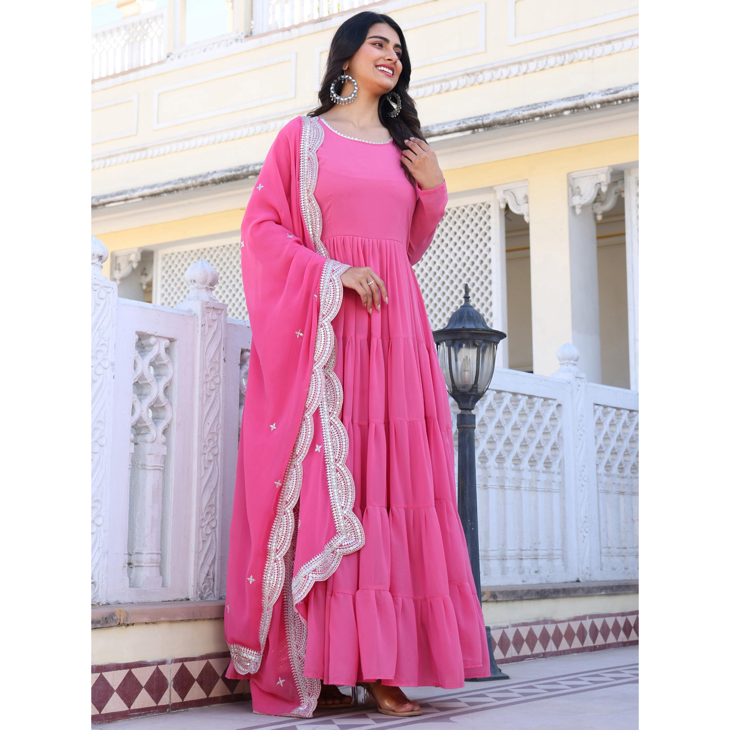 Fashion Basket Women's Georgette Solid Anarkali Dress Light Pink