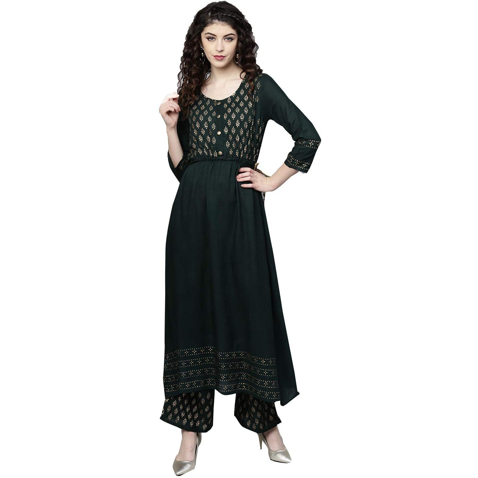 Ishin Women's Rayon Green Printed Anarkali Kurta Set With Palazzo