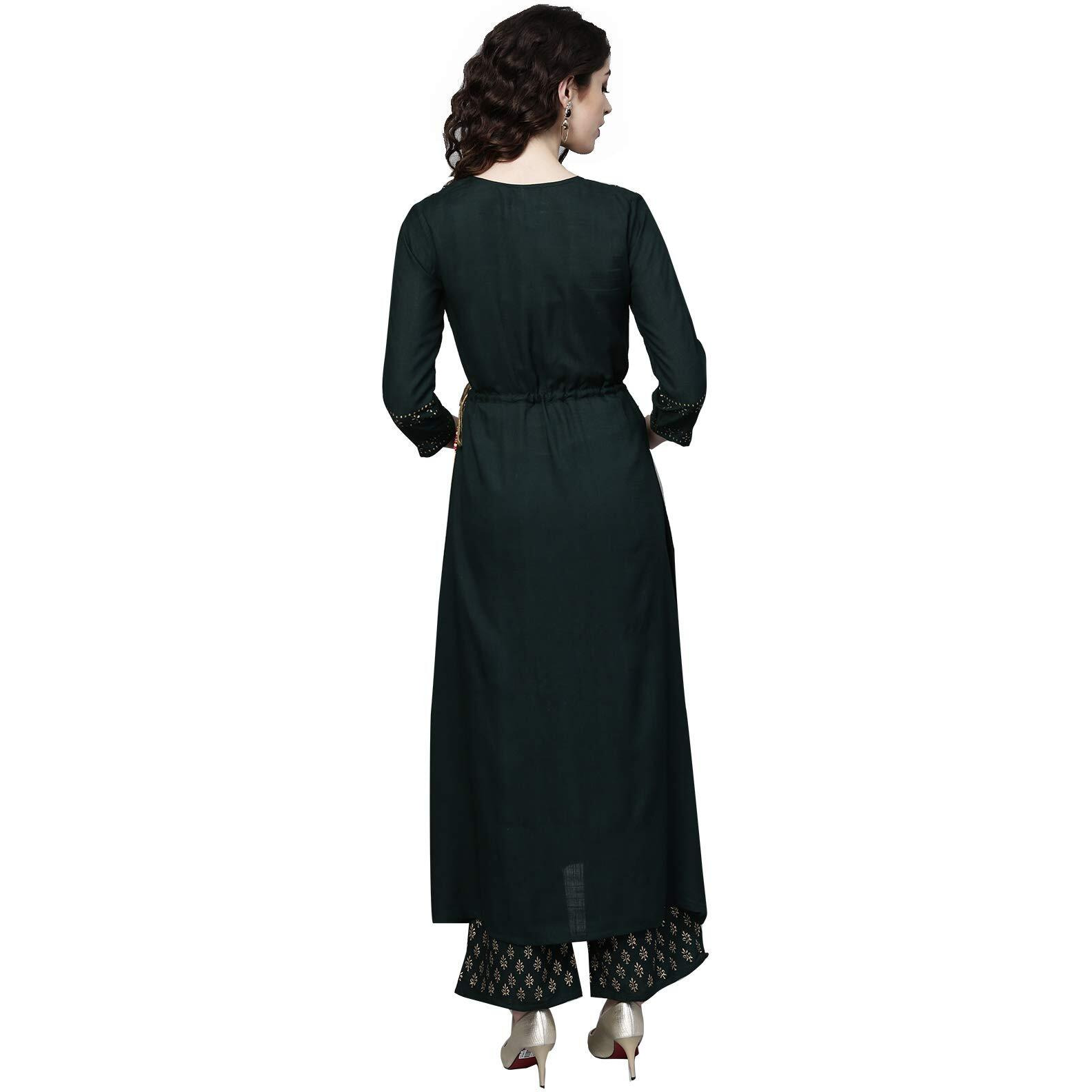 Ishin Women's Rayon Green Printed Anarkali Kurta Set With Palazzo