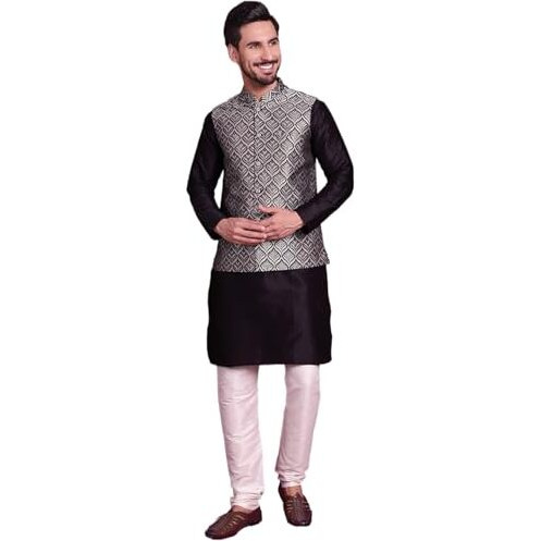 Jompers Men Silver Woven Design Nehru Jacket With Kurta Pyjama Set. (Silver, S)