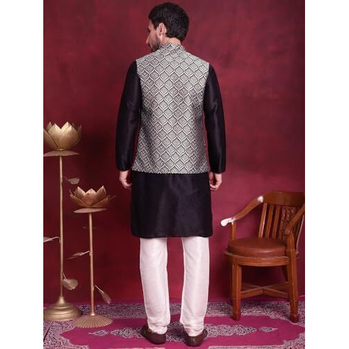 Jompers Men Silver Woven Design Nehru Jacket With Kurta Pyjama Set. (Silver, S)
