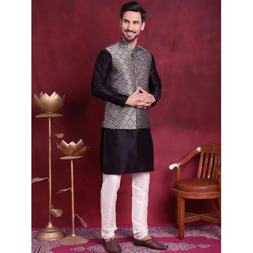 Jompers Men Silver Woven Design Nehru Jacket With Kurta Pyjama Set. (Silver, S)