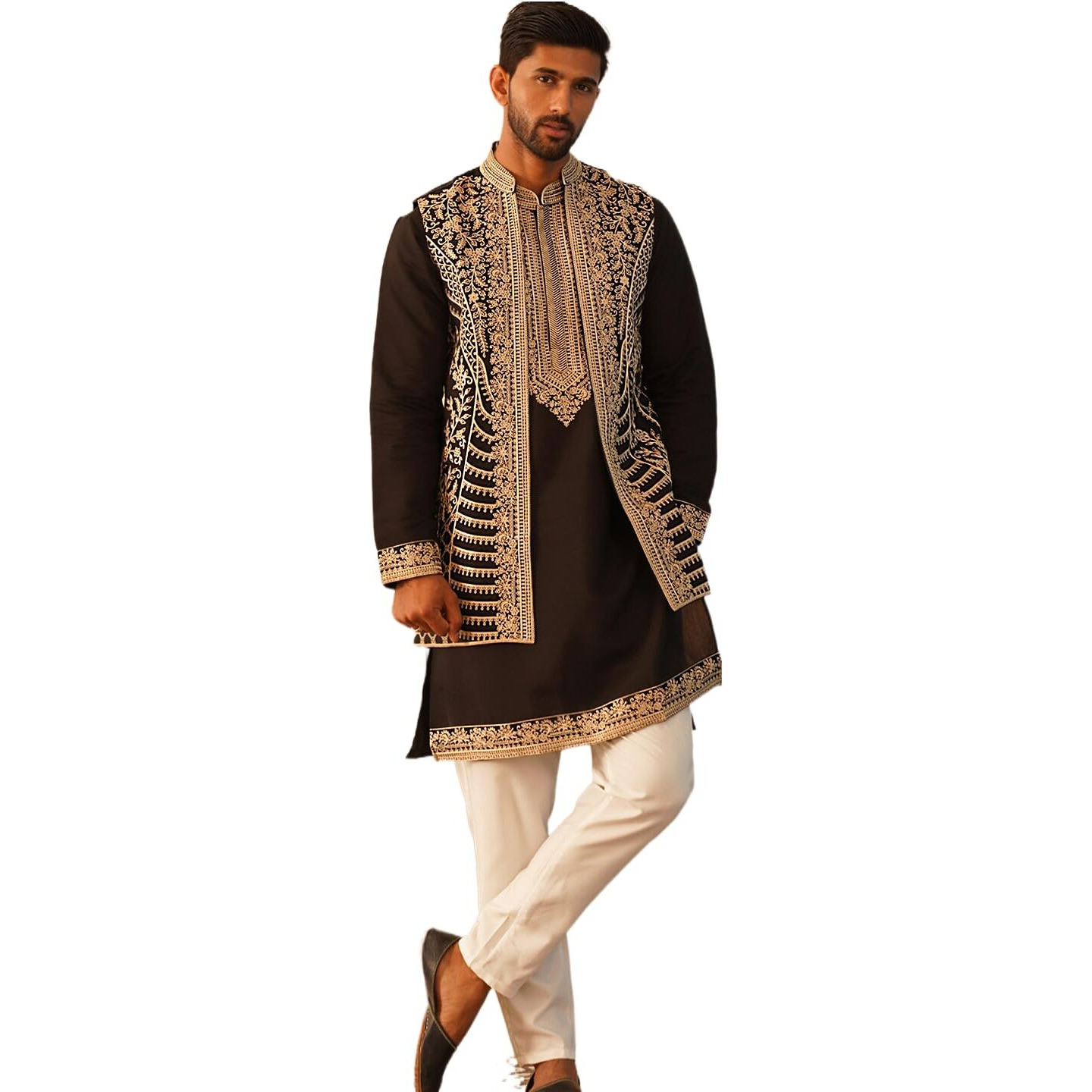 Jompers Men Black Embroidered Waistcoat And Kurta Pyjama (Black, Xxl)