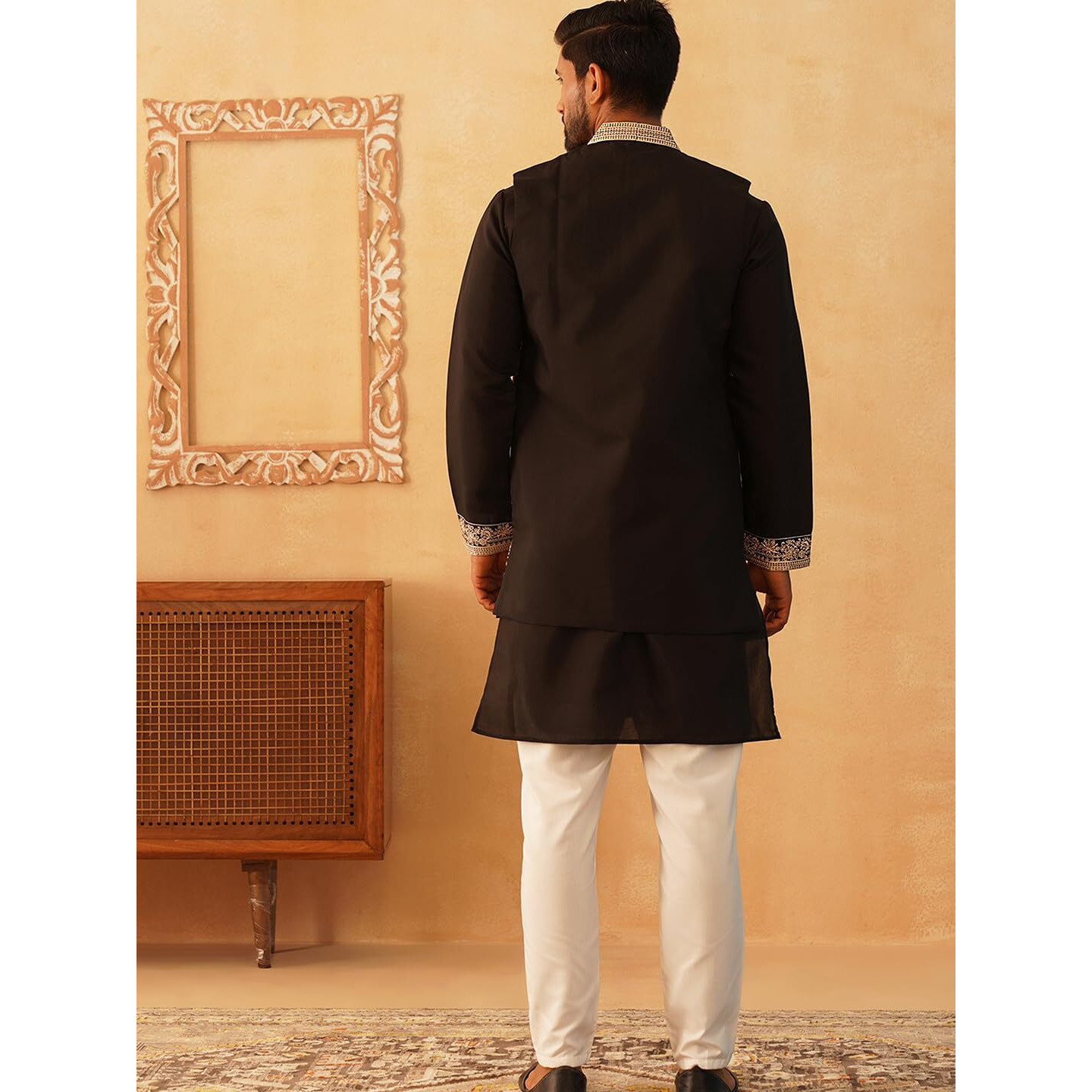 Jompers Men Black Embroidered Waistcoat And Kurta Pyjama (Black, Xxl)