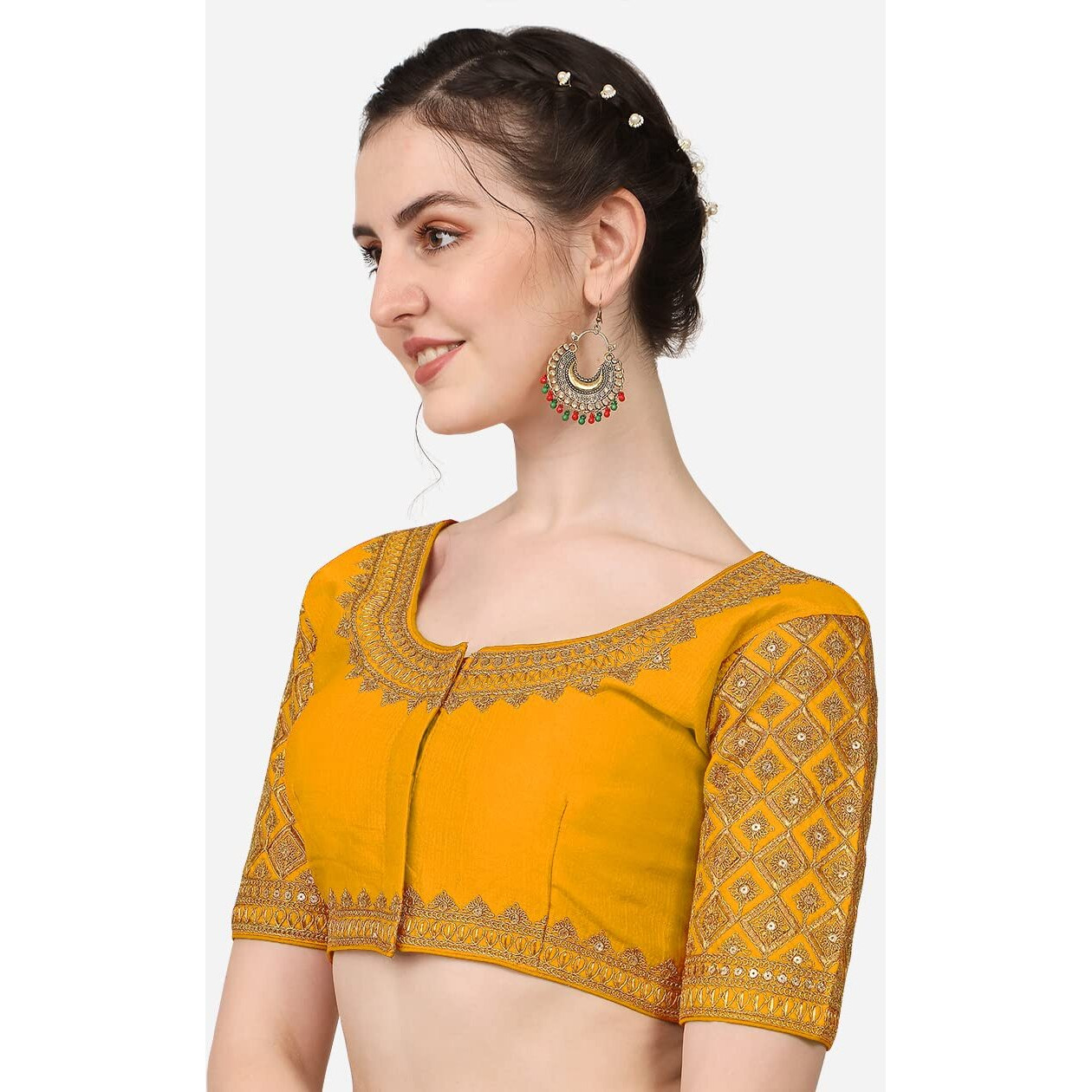 Pujia Mills Women's Phantom Silk Checkered Half Sleeve Blouse (Yellow Simba2 Blouse36_Yellow_36)