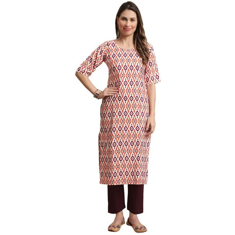 Pinkmint Kurta Set For Women Cotton Printed Knee Length Straight Round Neck Kurti With Pant (Pack Of 1)