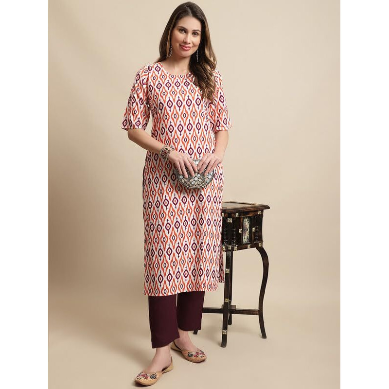 Pinkmint Kurta Set For Women Cotton Printed Knee Length Straight Round Neck Kurti With Pant (Pack Of 1)