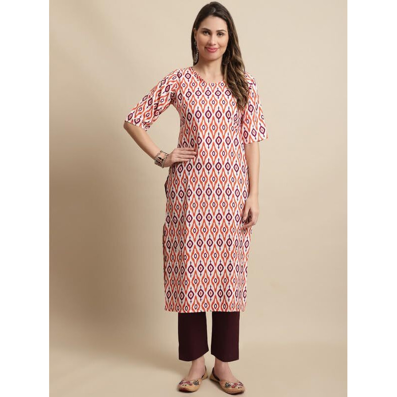 Pinkmint Kurta Set For Women Cotton Printed Knee Length Straight Round Neck Kurti With Pant (Pack Of 1)