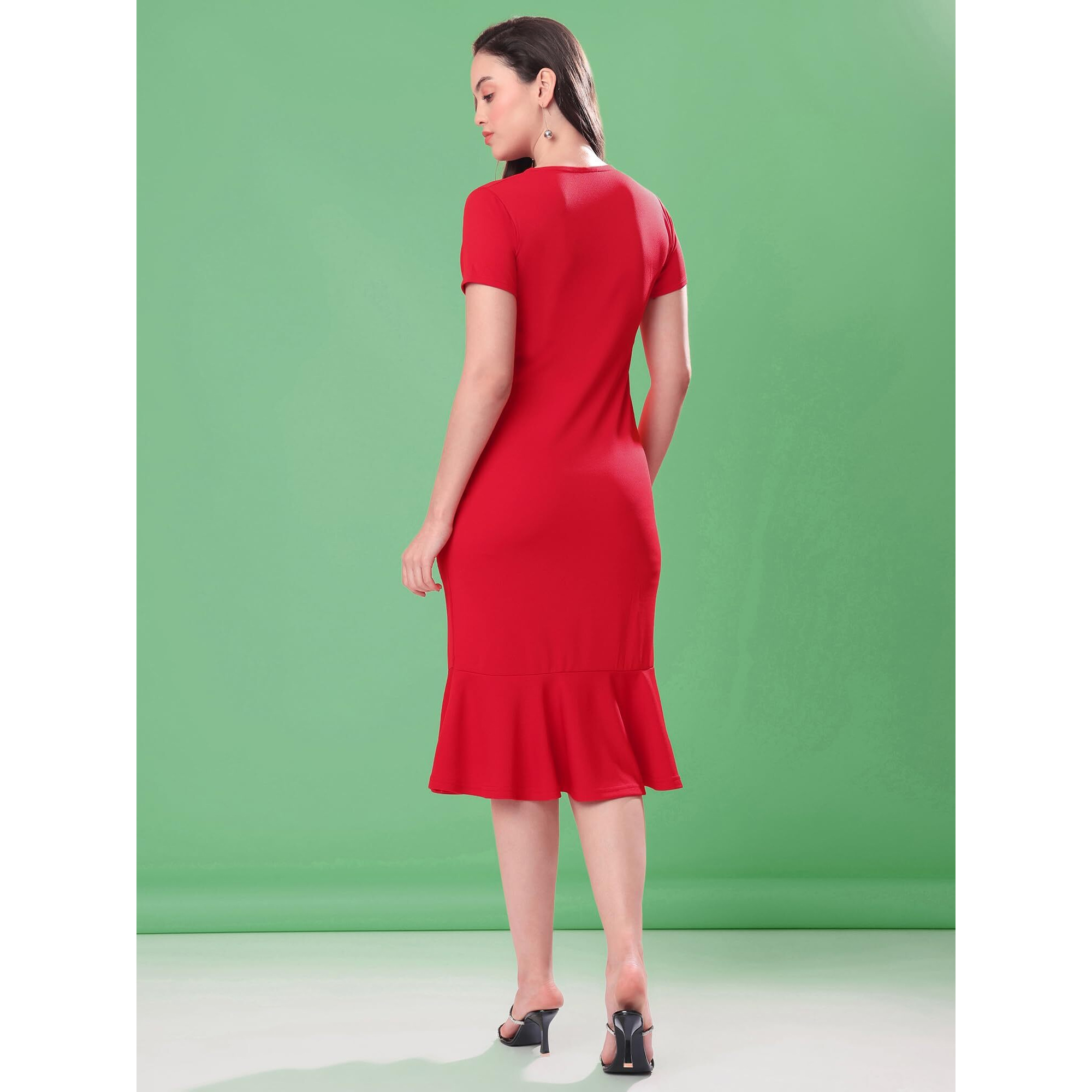 Purvaja Womens Bodycon Knee Length Dress (Bely-107_Red_Small)