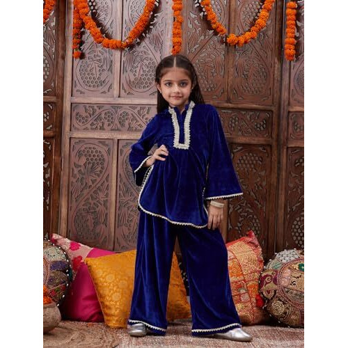 Pspeaches Girl's Silk Blend Kurta Set (Ks-Bluevelvet-4_Blue