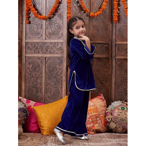 Pspeaches Girl's Silk Blend Kurta Set (Ks-Bluevelvet-4_Blue