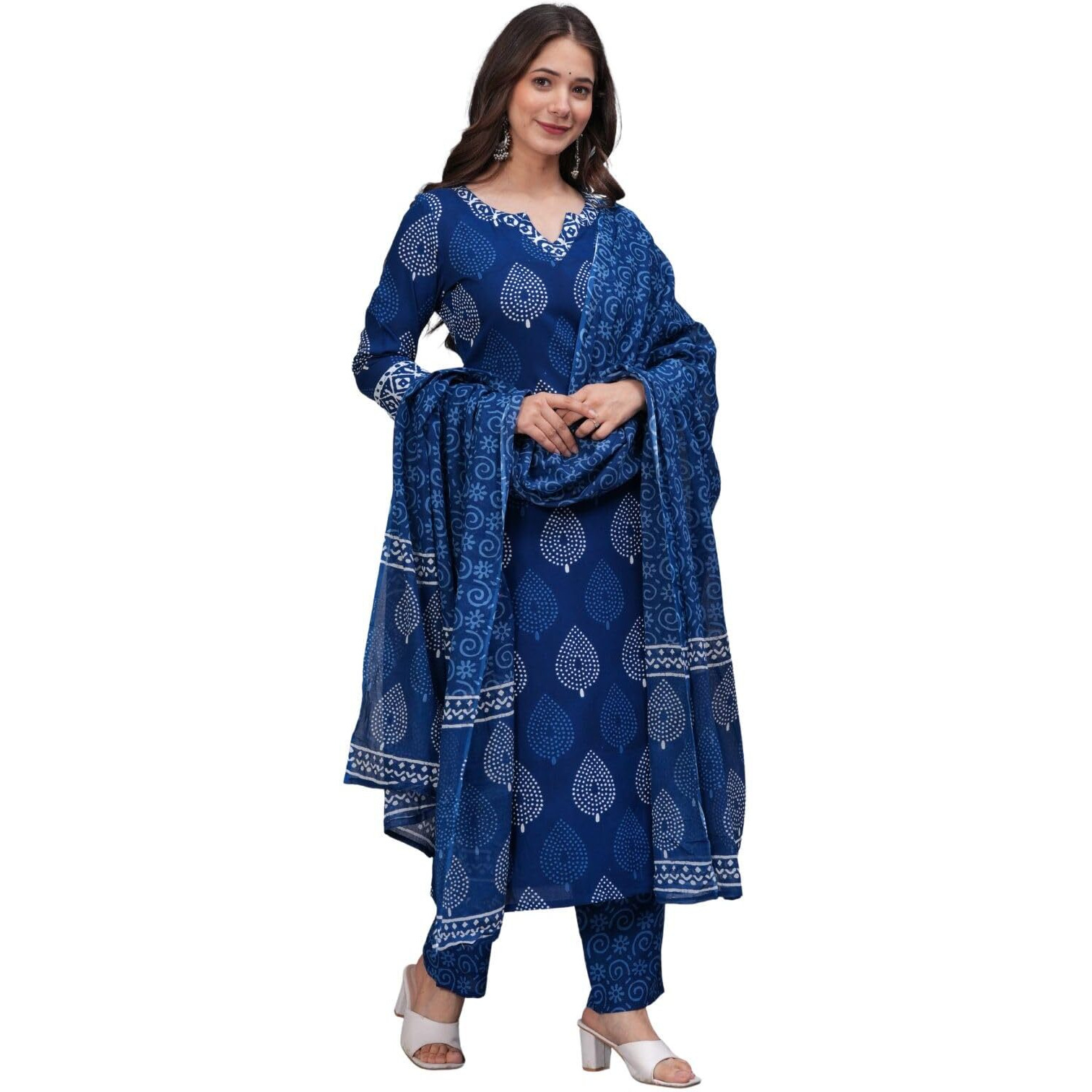 Rytras Women's Printed Straight Kurta Set With Palazzo Pants & Dupatta- Ethnic Wear, Blue(Ryt617-New,S)