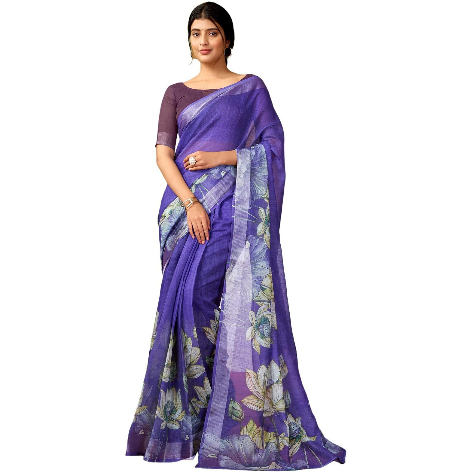Satrani Women's Linen Printed & Zari Border Ready To Wear One Minute Pre Pleated Readymade Saree With Unstitched Blouse Piece (35Rs333N_Purple)