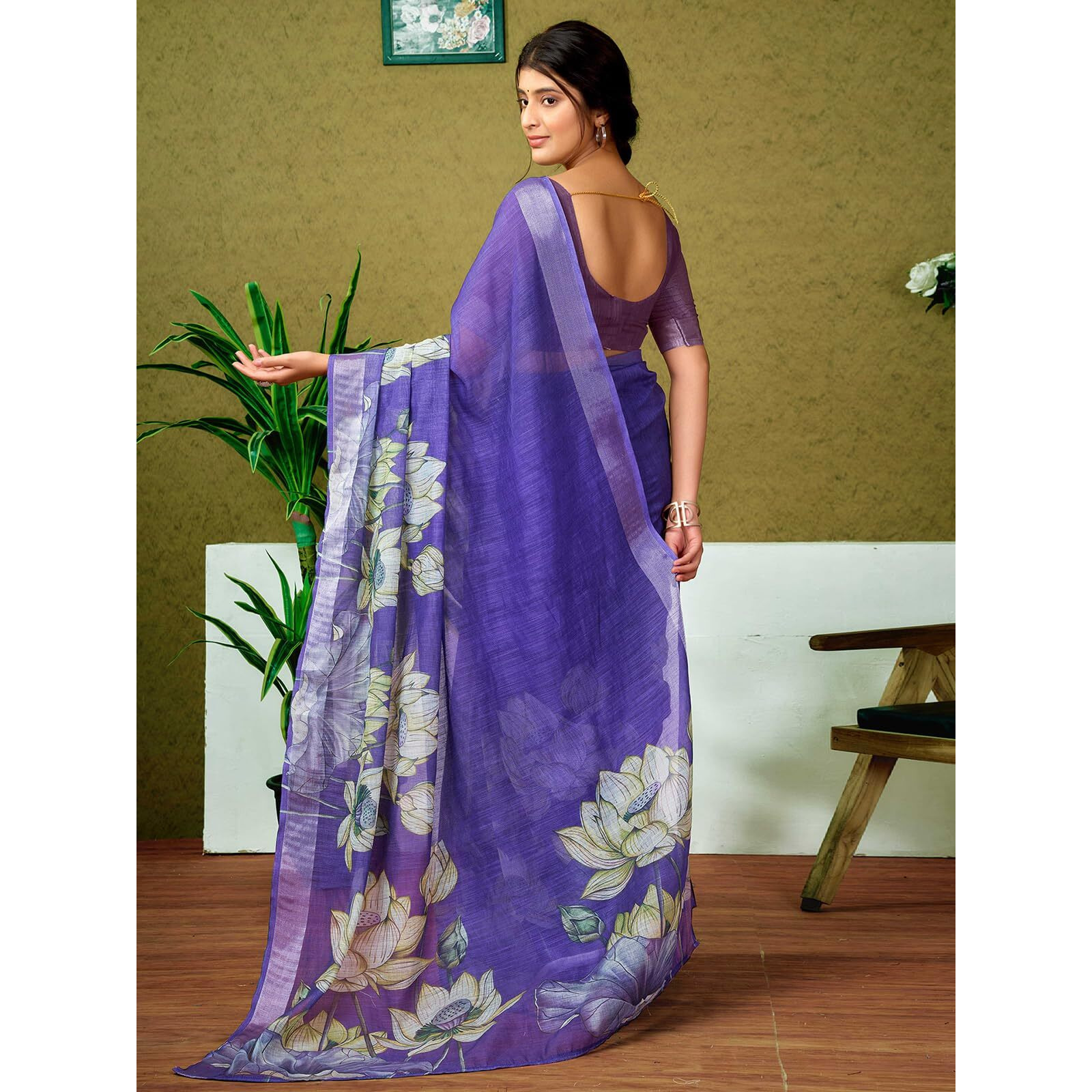 Satrani Women's Linen Printed & Zari Border Ready To Wear One Minute Pre Pleated Readymade Saree With Unstitched Blouse Piece (35Rs333N_Purple)