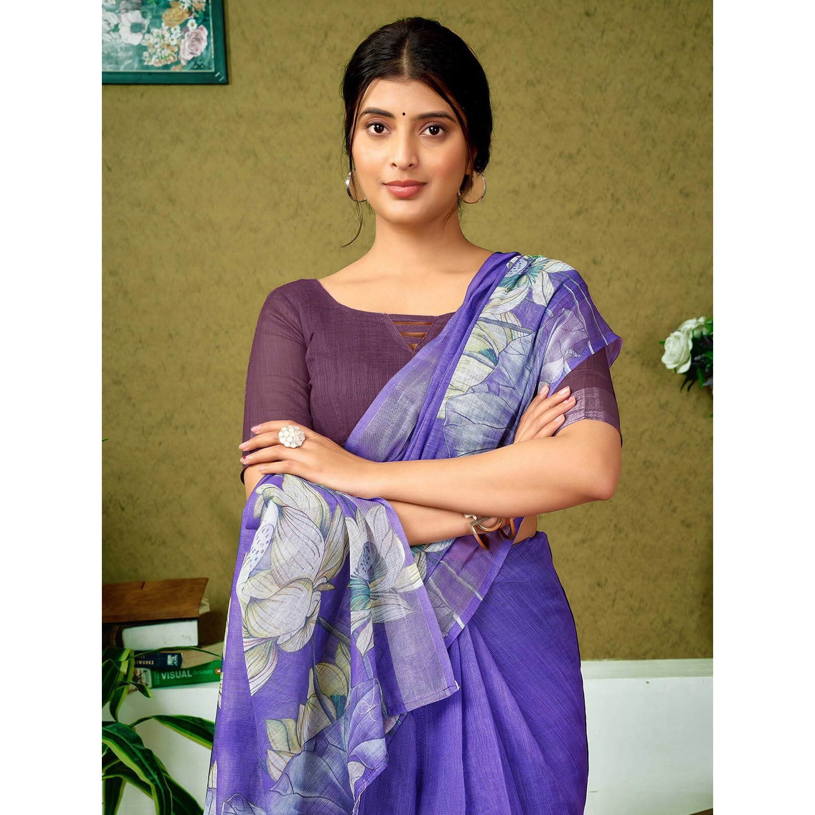 Satrani Women's Linen Printed & Zari Border Ready To Wear One Minute Pre Pleated Readymade Saree With Unstitched Blouse Piece (35Rs333N_Purple)