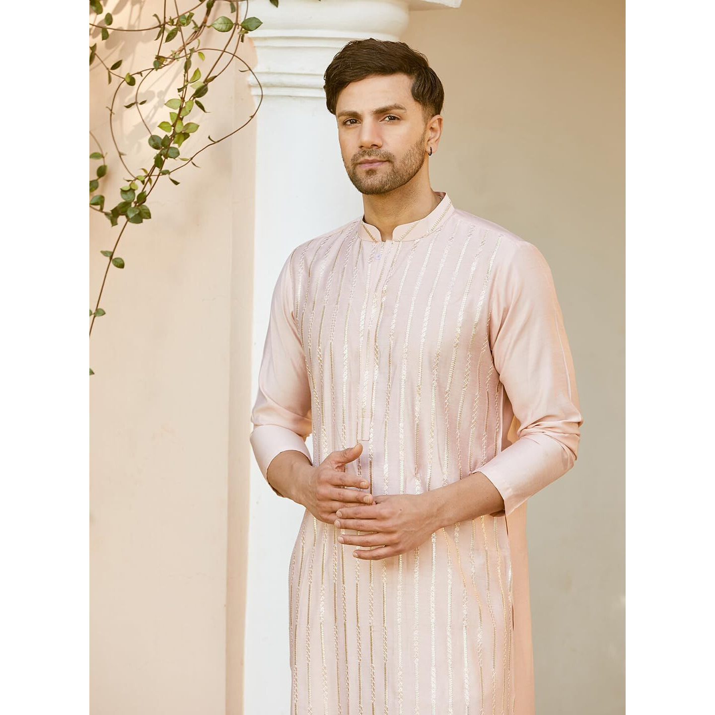 See Designs Men Full Sleeve Pink And Gold Chanderi Silk Sequins Mandarin Collar Side Slit Kurta With Pyjama - Sdkt242101L