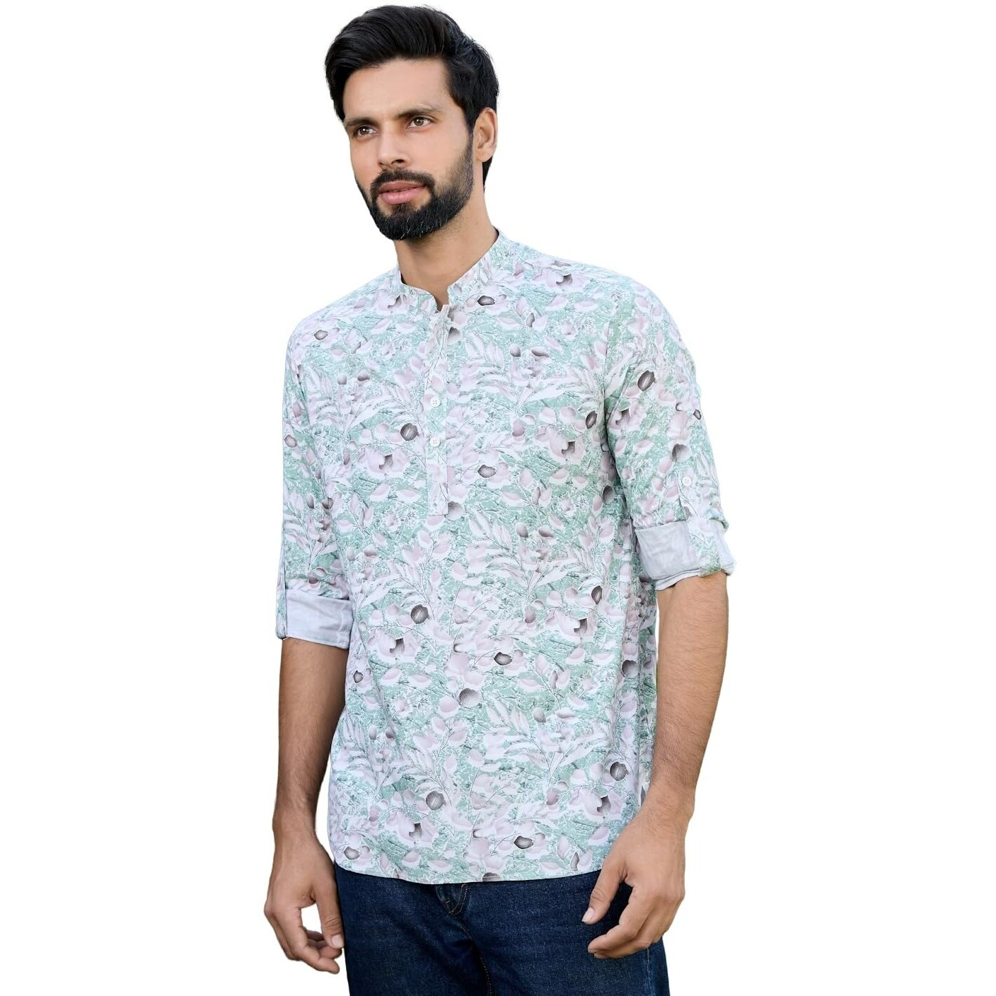 See Designs Men's Roll-Up Sleeve Mandarin Collar Green Tropical Printed Rayon Short Kurta - Sdkt2936Xl