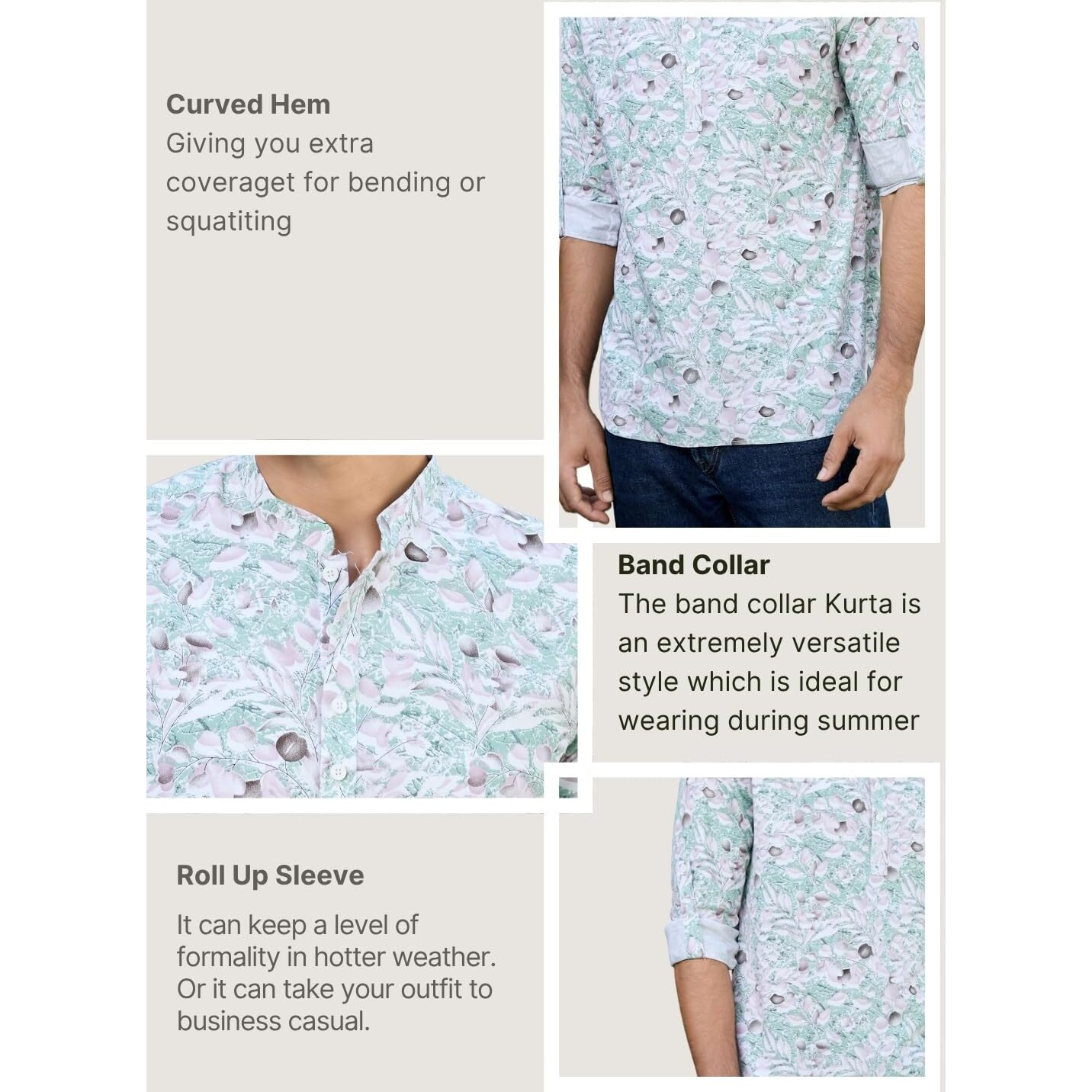 See Designs Men's Roll-Up Sleeve Mandarin Collar Green Tropical Printed Rayon Short Kurta - Sdkt2936Xl