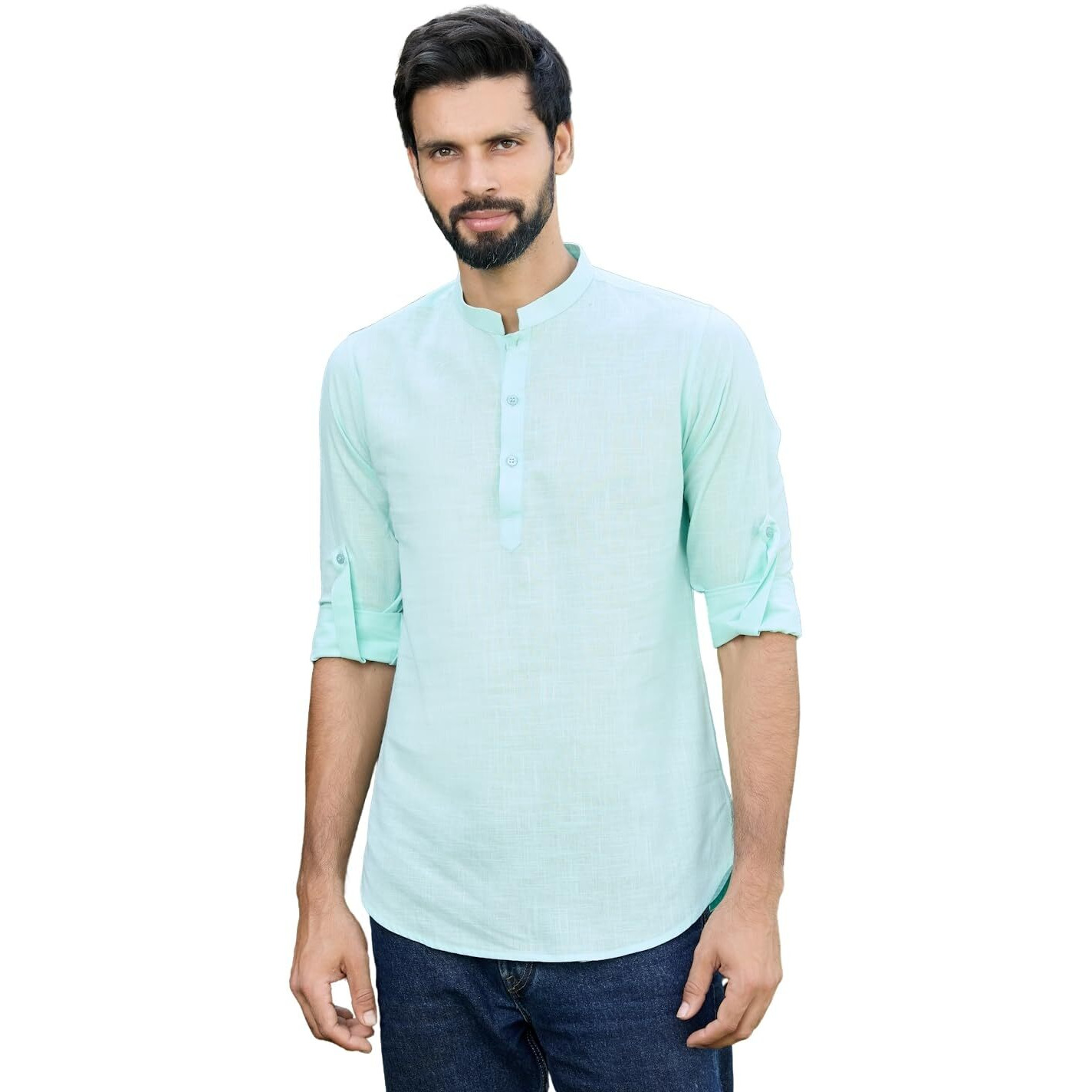 See Designs Men's Roll-Up Sleeve Mandarin Collar Men Sea Green Pure Cotton Slub Short Kurta - Sdkt2978S