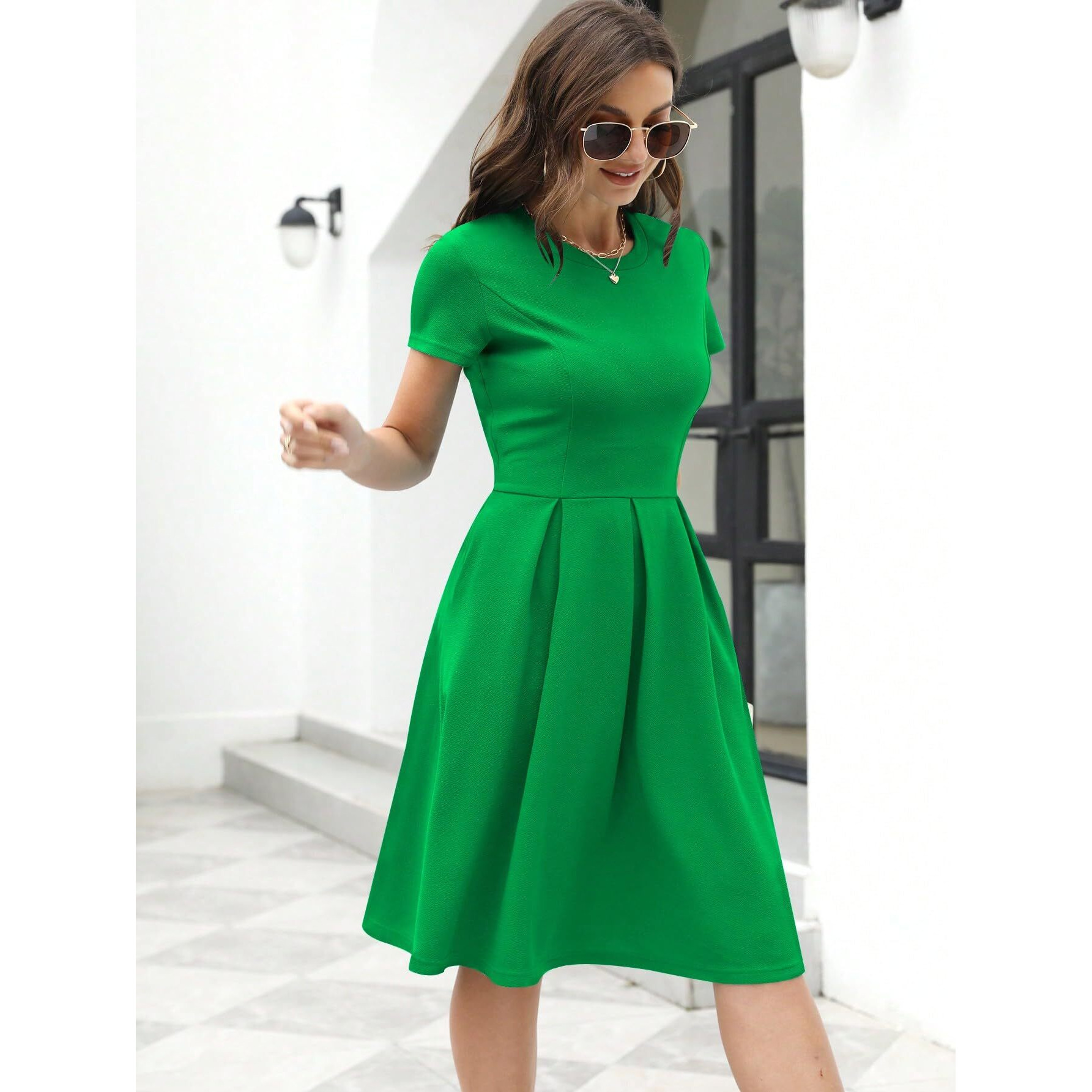 Shasmi Girl's & Women's Solid Green Color Solid Slant Pocket Fold Pleated, Women Cocktail Party Vintage Style With Pockets Big Swing Simple Retro Dress (Dress 166 Green-S)