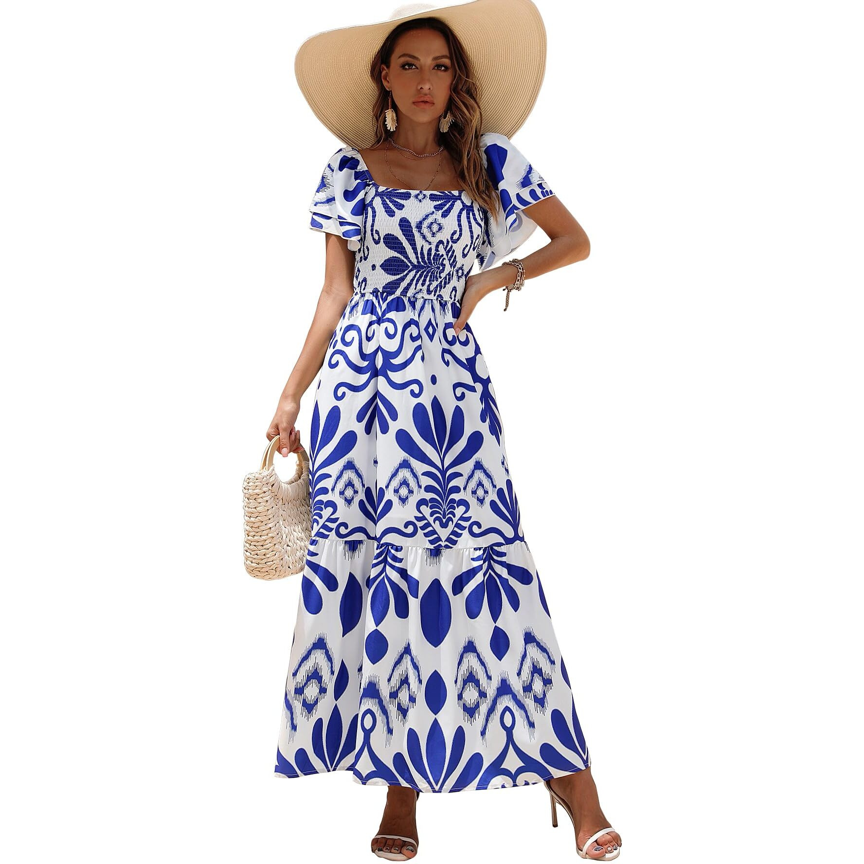 Shasmi Girl's & Women's White And Blue Floral Print Layered Short Sleeve Square Neck Ruffle High Waist A Line Summer Long Maxi Dress With All Over Print Outfit (Dress 228 Blue-M)