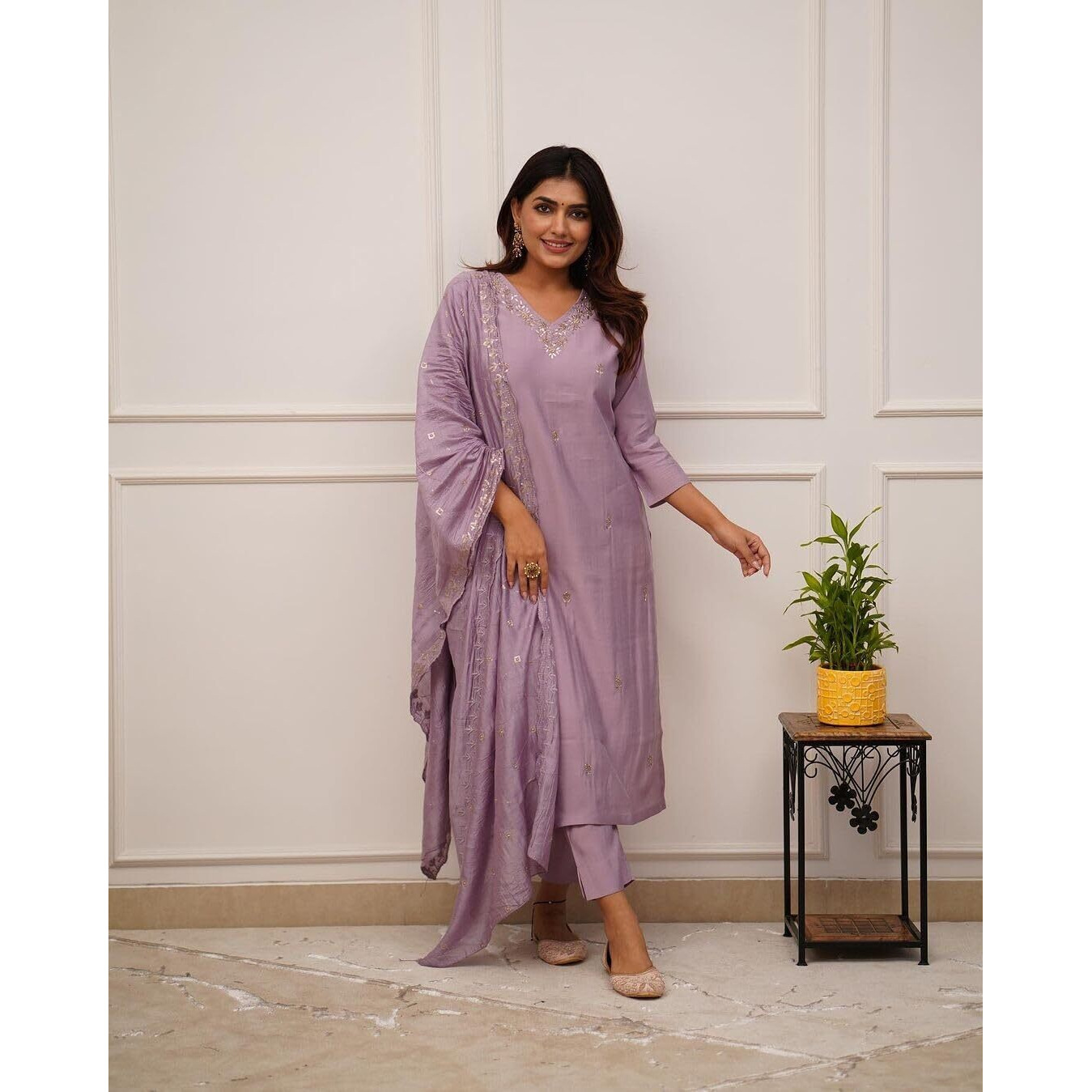Shiv Textiles Women's Chanderi Silk Embroidered Kurta Pant Dupatta Set(Jda-Zarana-Onion-Xxl)