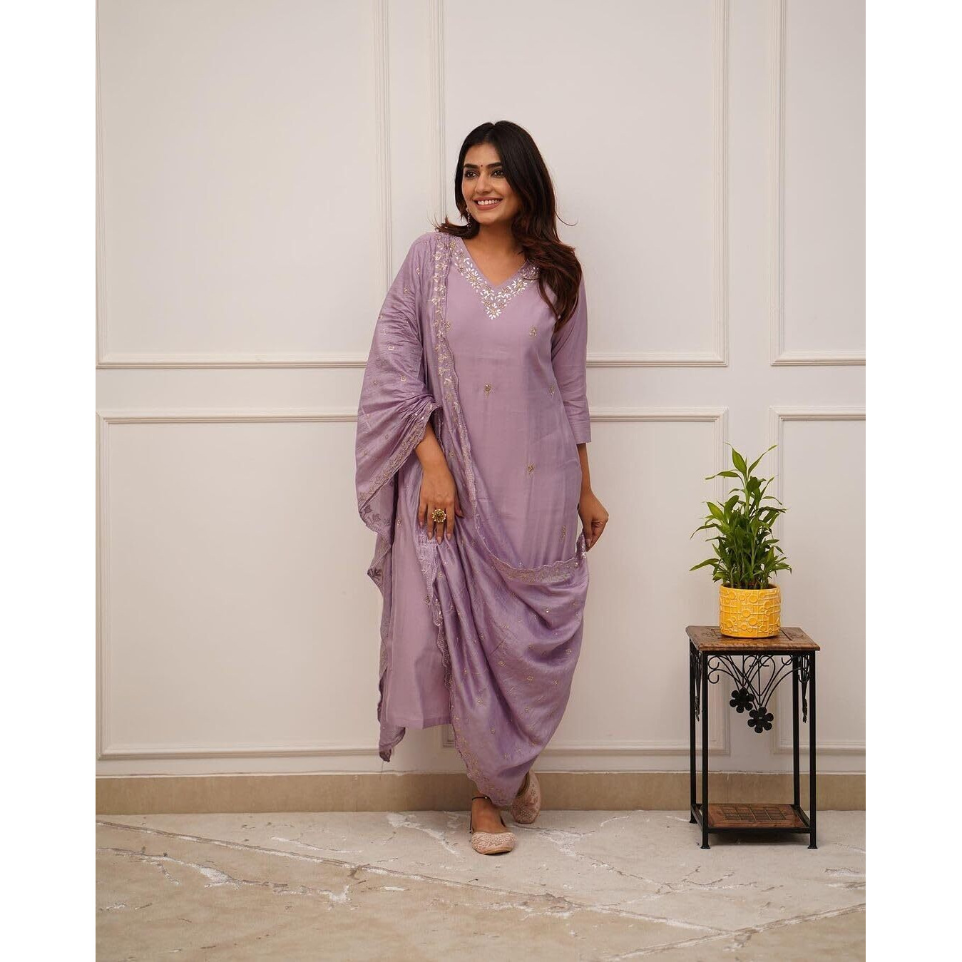 Shiv Textiles Women's Chanderi Silk Embroidered Kurta Pant Dupatta Set(Jda-Zarana-Onion-Xxl)