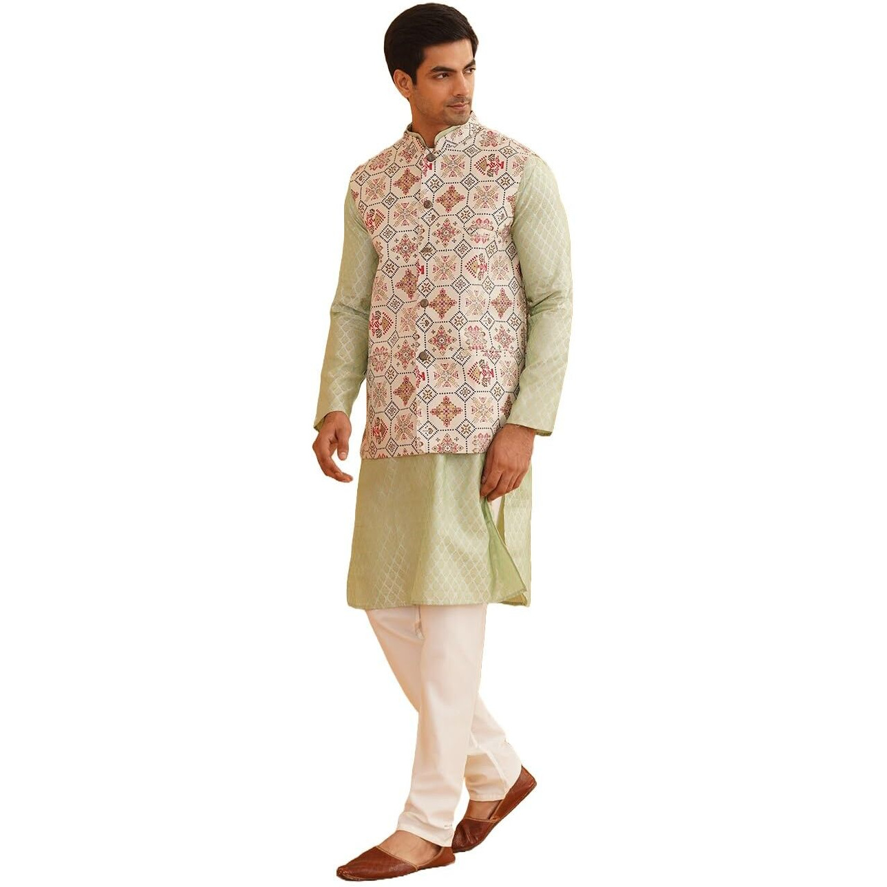Sojanya (Since 1958 Men's Silk Blend Self Design Pista Green Kurta With Pyjama & Cream Nehru Jacket