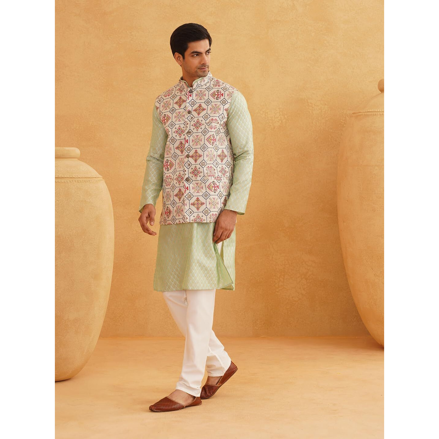 Sojanya (Since 1958 Men's Silk Blend Self Design Pista Green Kurta With Pyjama & Cream Nehru Jacket