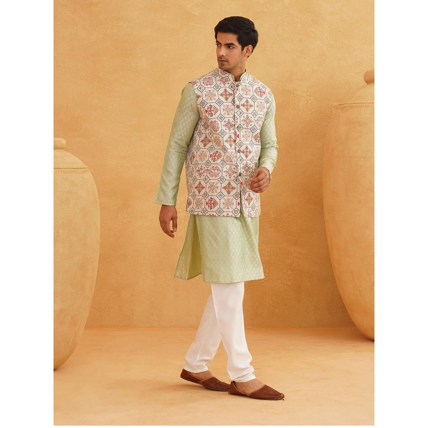 Sojanya (Since 1958 Men's Silk Blend Self Design Pista Green Kurta With Pyjama & Cream Nehru Jacket