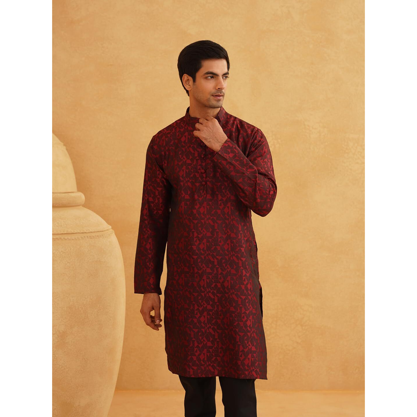Sojanya (Since 1958 Men's Jacquard Silk Geometric Maroon Only Long Kurta