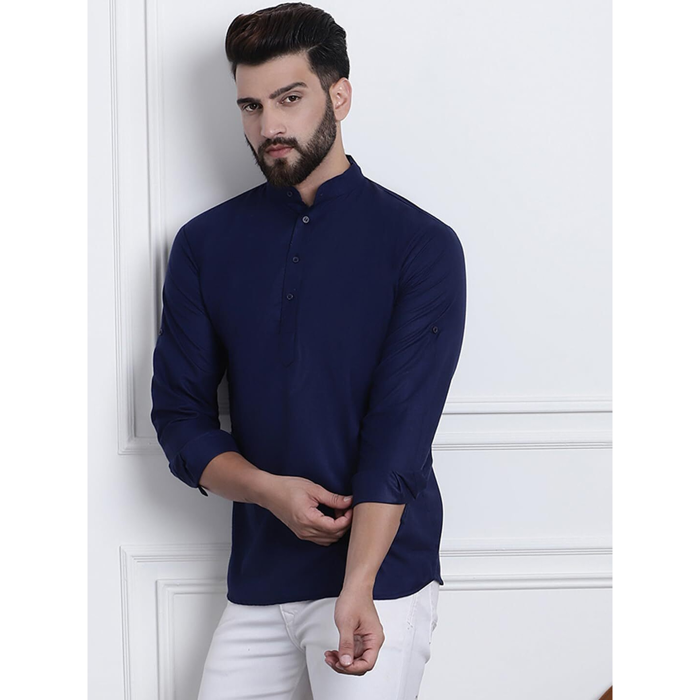 Sojanya (Since 1958, Men's Cotton Blend Navy Blue Solid Only Short Kurta